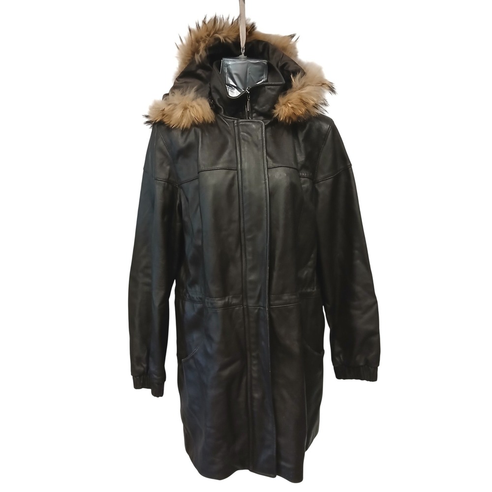 JLC‎ New York Womens Genuine Leather Parka Coat Fur Hood Zip Up Pockets Size M